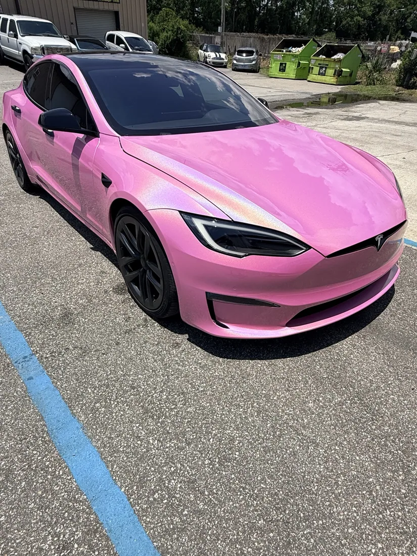 Pink Tesla color-change wrap